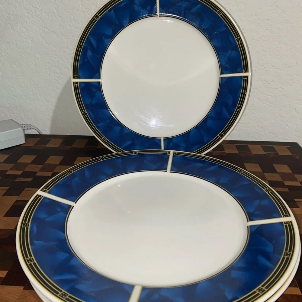 4 VTG Sapphire Sango 8822 MCM Stoneware Blue White Yellow 10.5”Dinner Plate Set